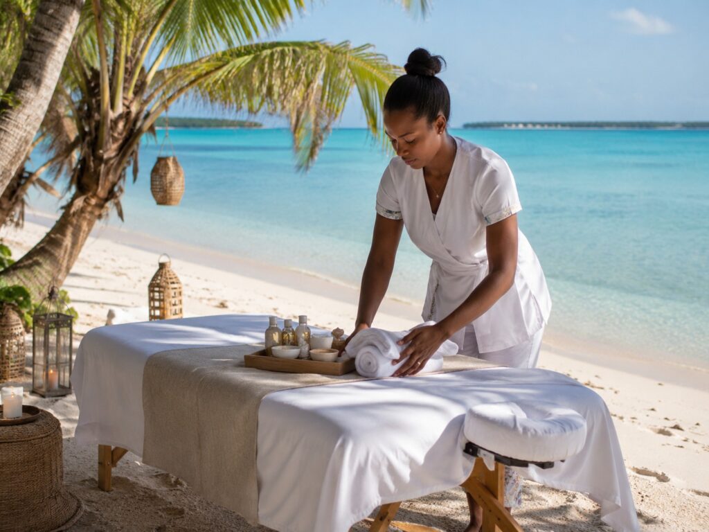 Beach massage setup in Zanzibar by Kijiji Spa