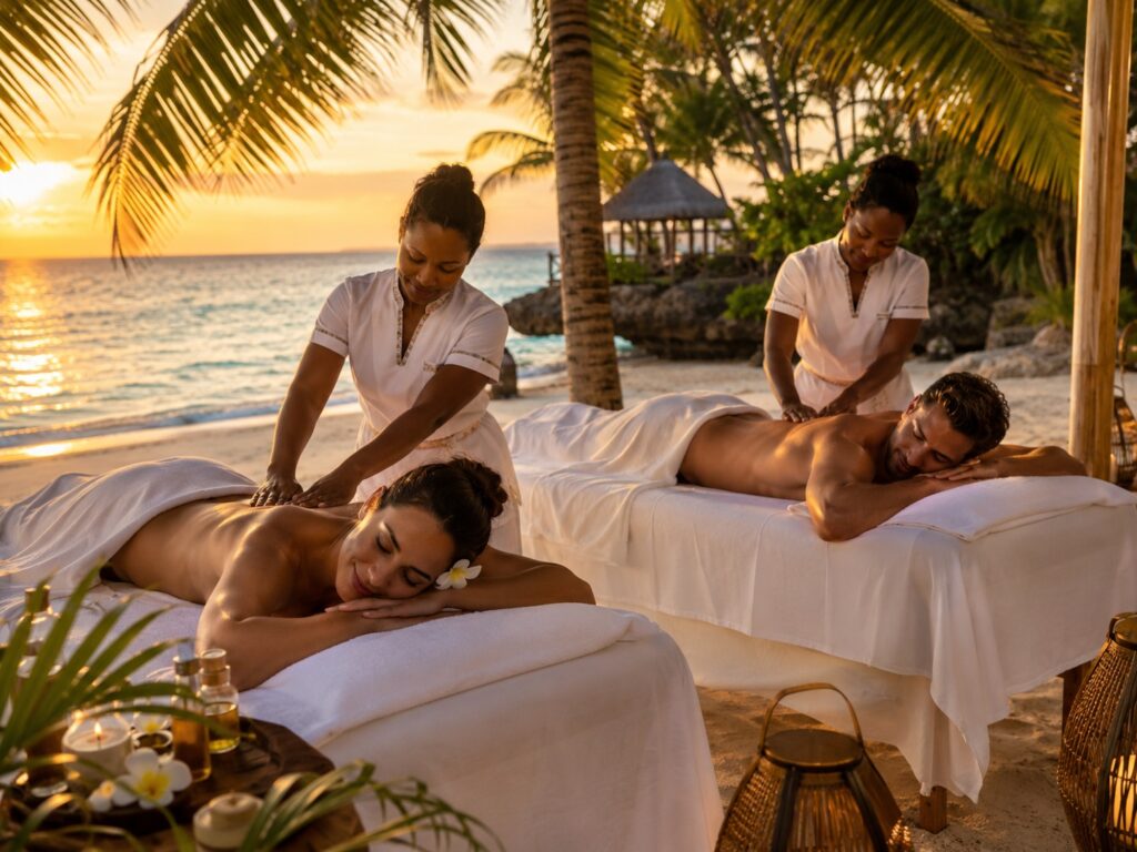 Couples honeymoon massage on a Zanzibar beach