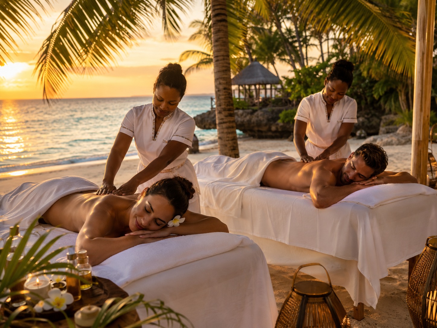 Couples honeymoon massage on a Zanzibar beach